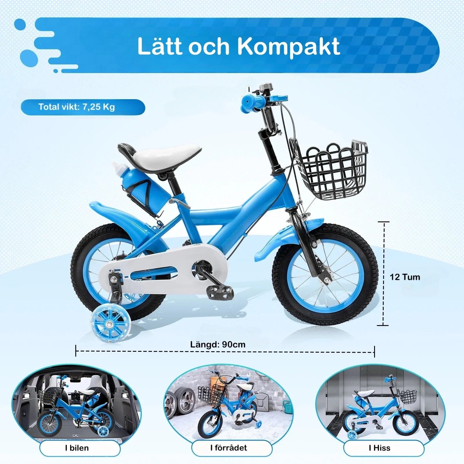 Barncykel 12 Tum Blå med Stödhjul, Korg & Vattenflaska