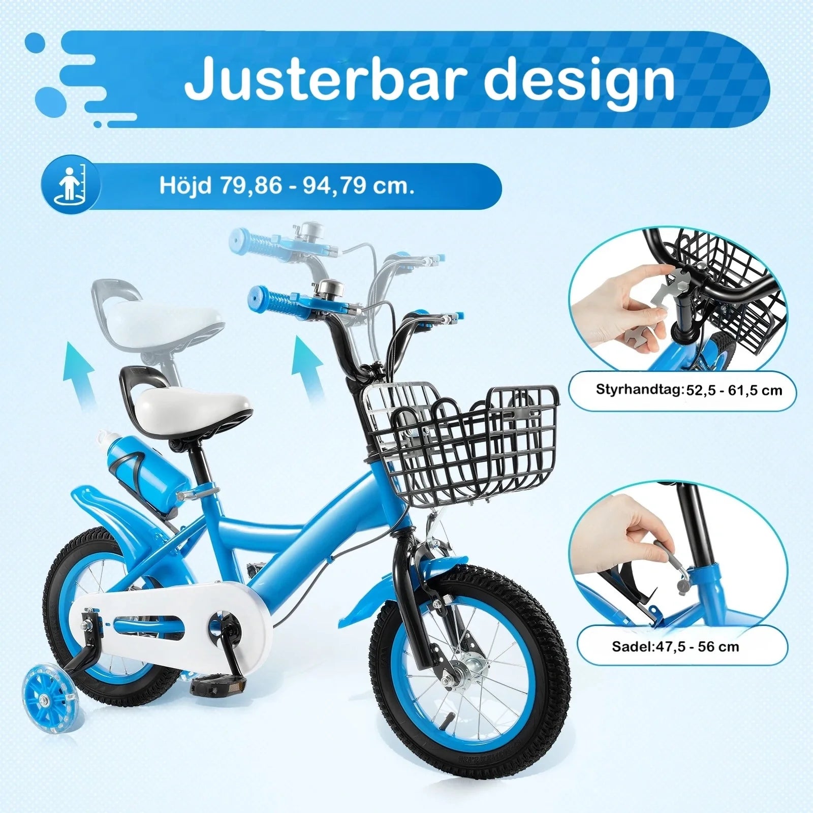 Barncykel 12 Tum Blå med Stödhjul, Korg & Vattenflaska