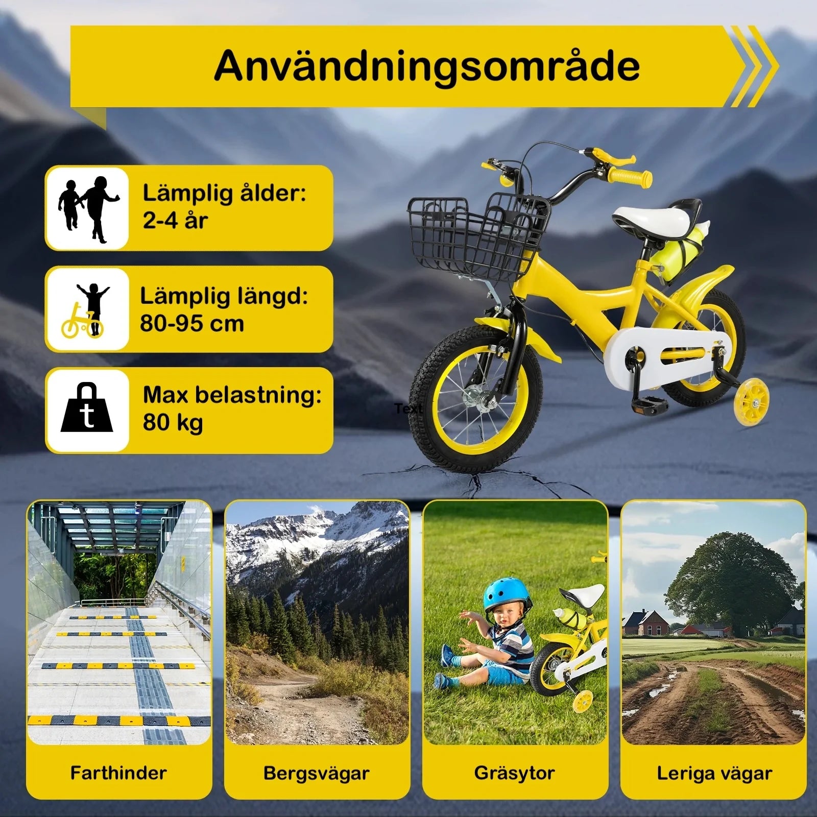 Barncykel 12 Tum Gul med Stödhjul, Korg & Vattenflaska